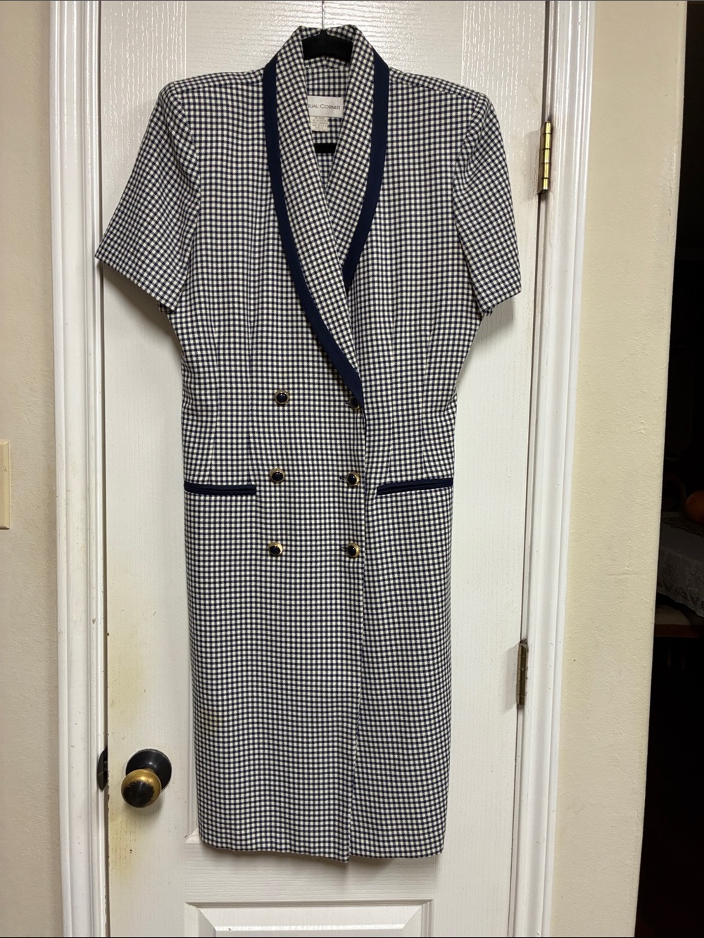 Vintage Blue & White Gingham Double-Breasted Dress with Navy Trim